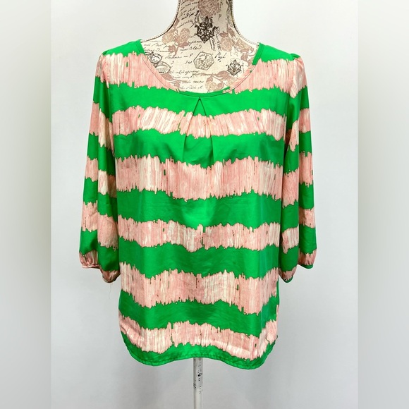 PEACH LOVE CREAM California  Green and Pink abstract print 3/4 sleeve top size M - Picture 1 of 13